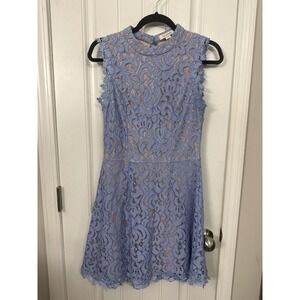 Francescas Light Blue Lace Open Back Mini Dress Sleeveless High Neck Size Medium
